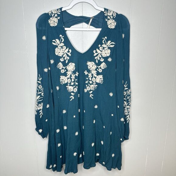 Free People Teal Green Oxford Embroidered Swing Shift Dress Size XS - Picture 1 of 15